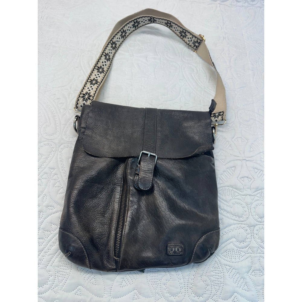 Bed Stu Distressed Black Leather Crossbody Messenger Bag with Woven Guitar Strap